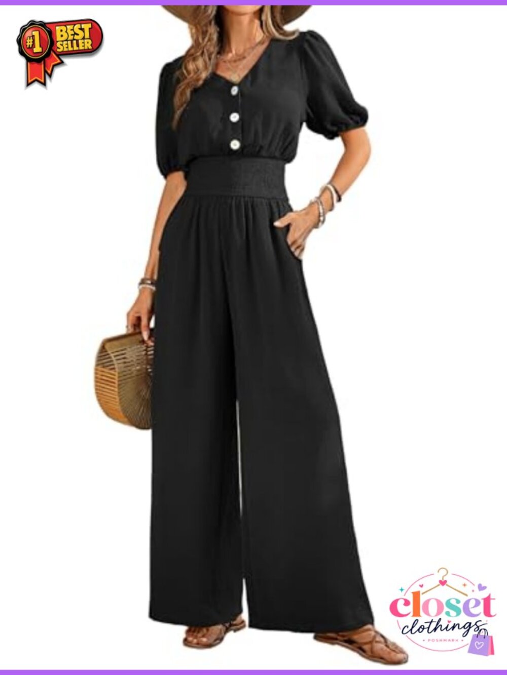 LOOKBOHO Women's Short Sleeve Wide Leg Jumpsuit with Pockets